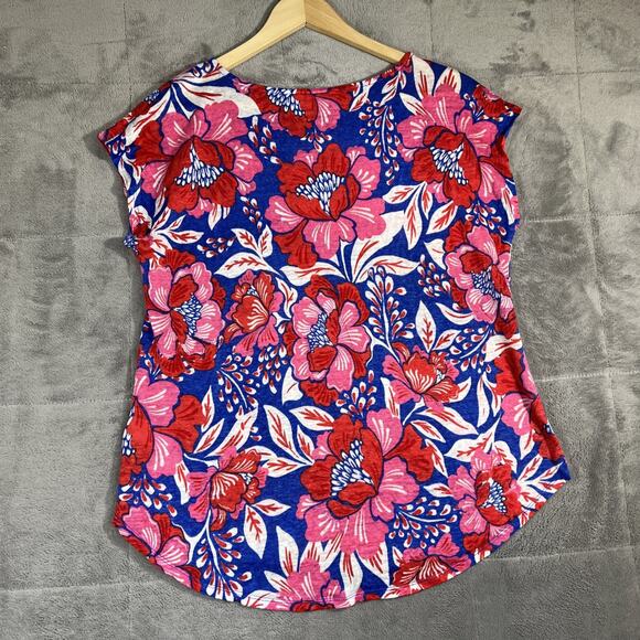 Sigrid Olsen Top Large Floral Linen Knit Lightweight Tee Tropical Pink Red Blue - Picture 5 of 8